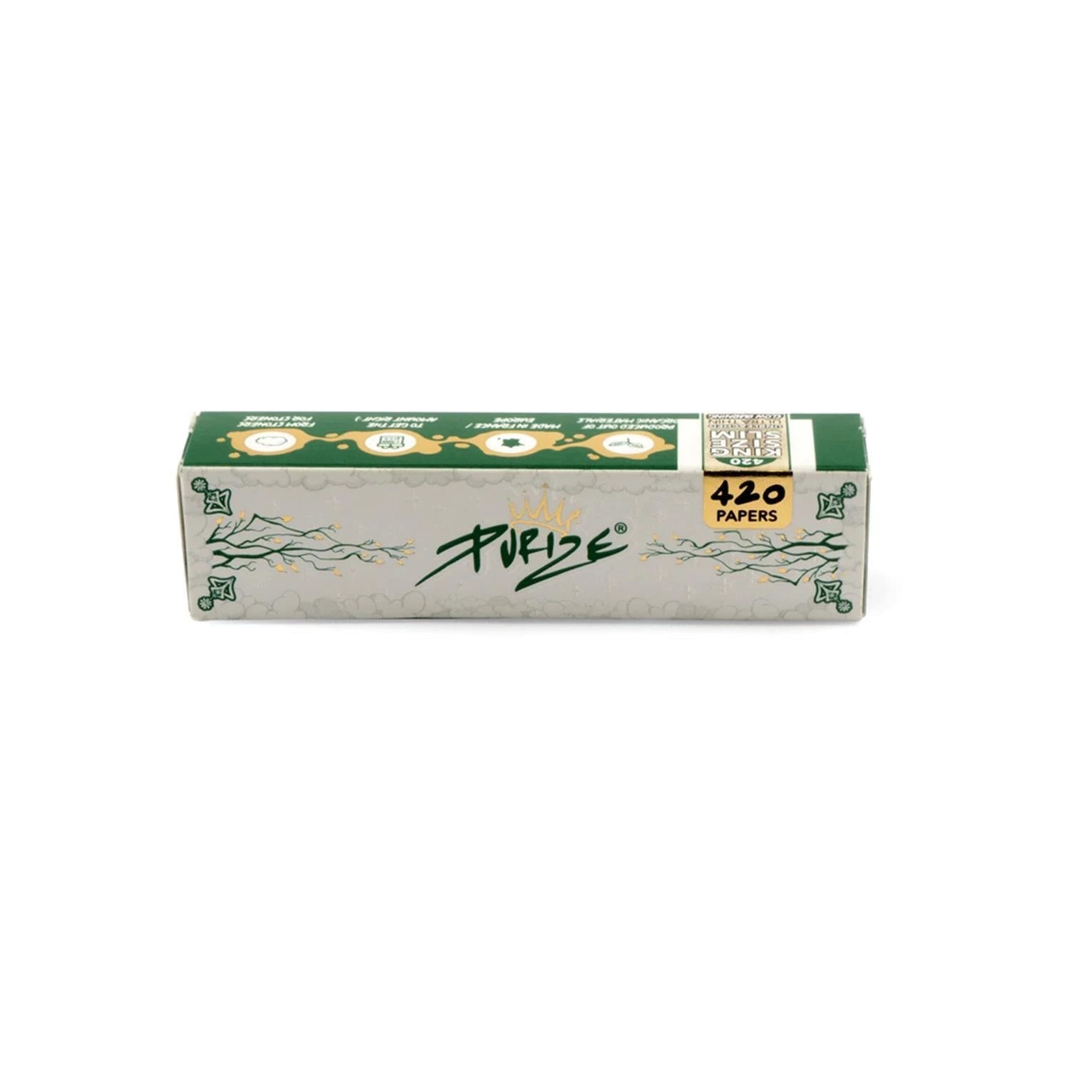 PURIZE 420 King Size Slim Papers, Verpackung in Grün-Weiß mit PURIZE Logo, Krone, 420 Papers und ultra thin slow burning Hinweis